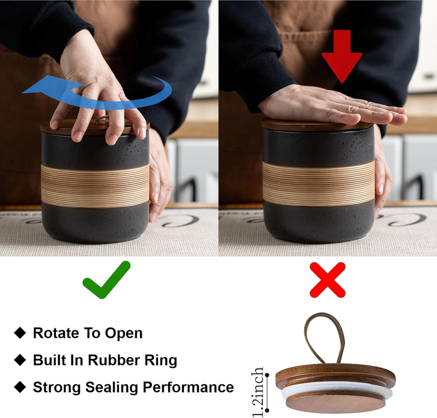 Large Storage Containers with Lids, Ceramic Coffee Container Kitchen Food Storage Jars for Spice Sugar Tea Bag, Stackable Decorative Jars for Counter, Black & 61 fl.oz