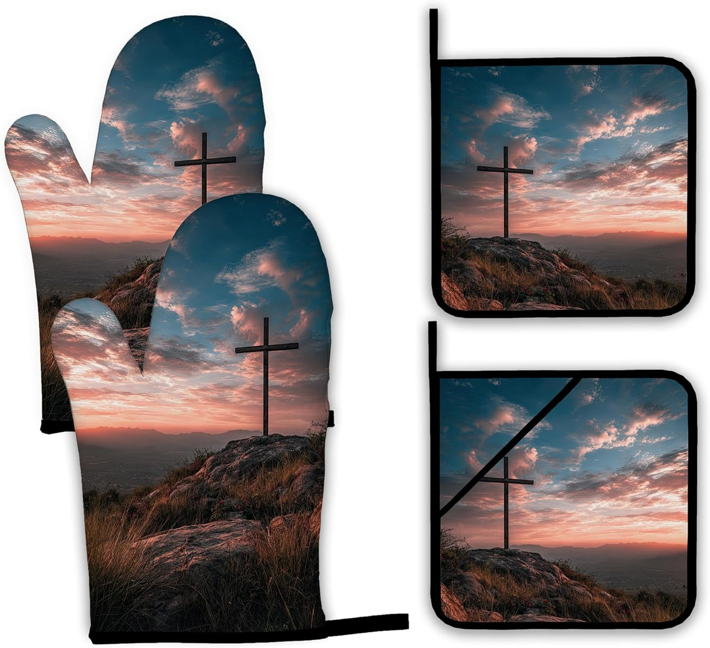 Cross Oven Mitts and Pot Holders Set,Sunset Mountain Kitchen Decor Heat Resistant Non Slip Hot Pads and Oven mitt for Chef Cooking Baking BBQ Mom Girl Gifts(4 Piece Set)