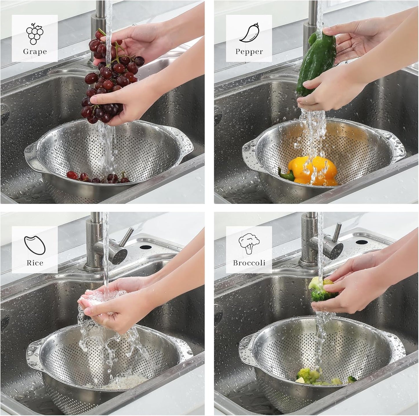 18/8 Stainless Steel Microwell Colander, 5QT Large Capacity with Handle Kitchen Food Strainer Basket for Washing Vegetables, Fruits, Rice, and Pasta (primary colour, 5QT)