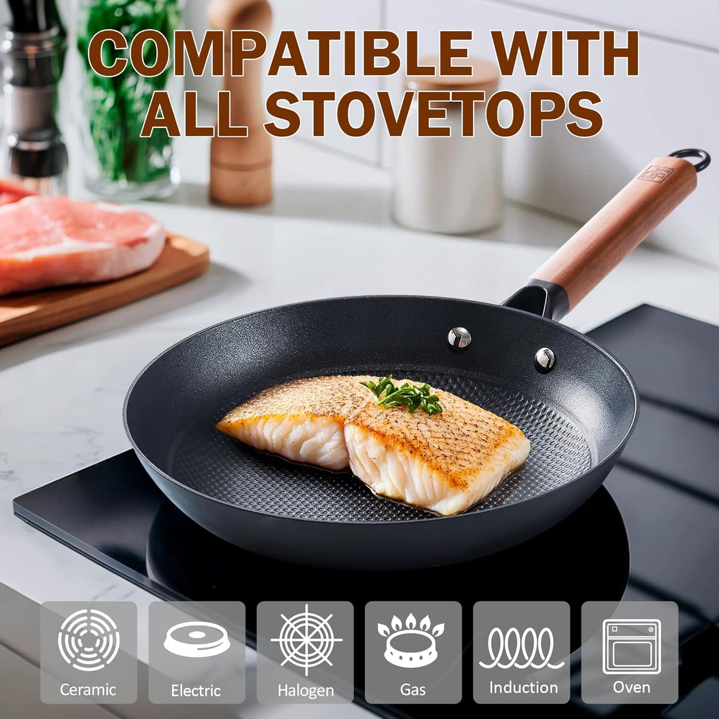 DM Cast Iron Skillet, 2 Piece Nonstick Frying Pan Set, 8 and 12 Inch with Detachable Acacia Wooden Handle, Honeycomb Non stick Omelet Egg Pan, Easy Clean Oven Safe Pans for Cooking