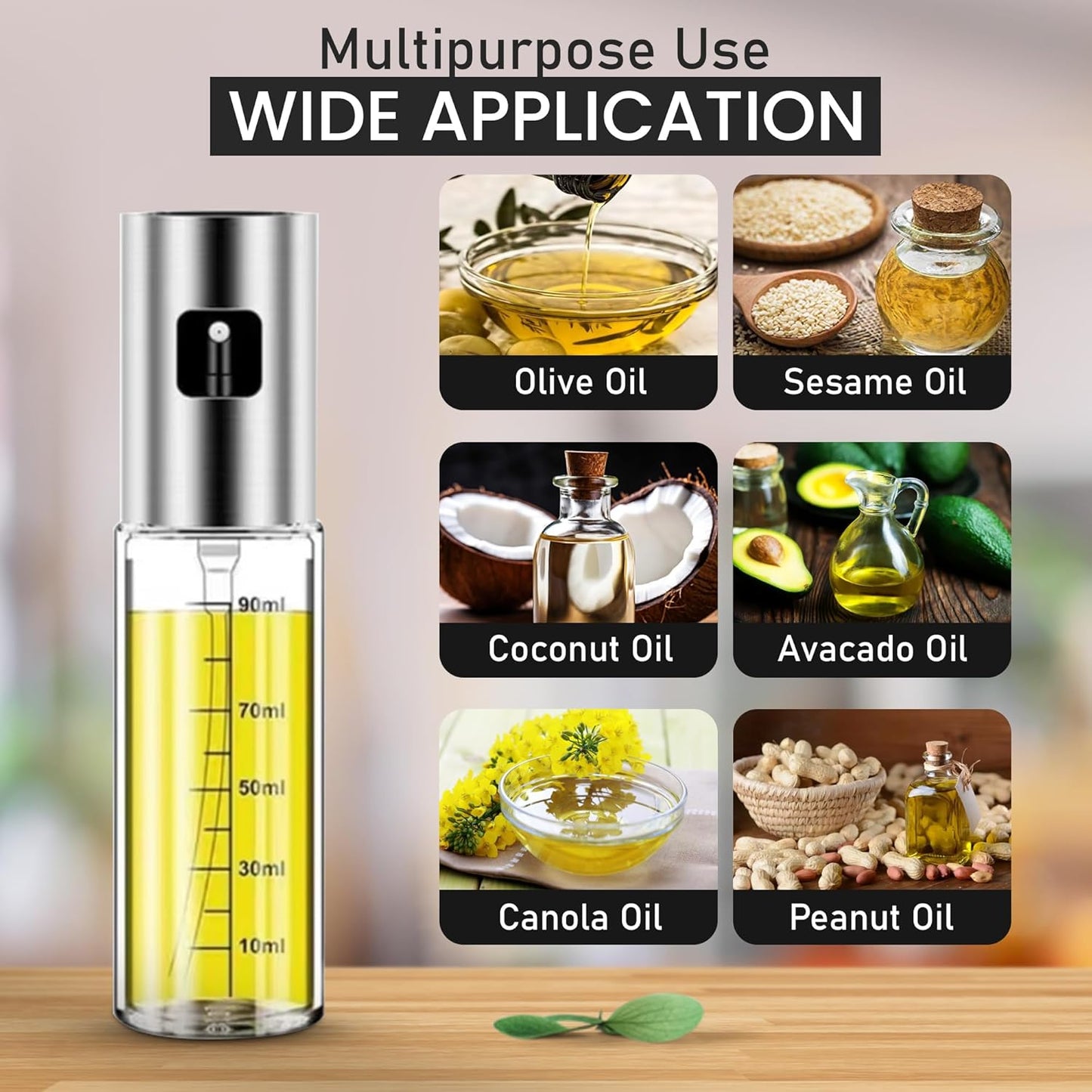 Oil Sprayer for Cooking -100ml Sprayers, Clear Transparent Glass Bottles, Food Grade, Refillable, Multi Purpose Oil Mister with Non Slip Cap, Oil Funnel & Silicone Brush