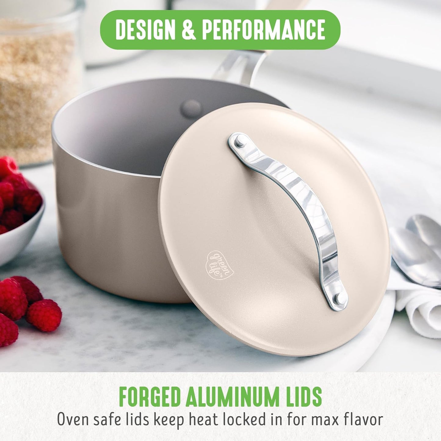 GreenLife 2 Quart Nonstick Saucepan with Lid, Lightweight Healthy PFAS-Free Milk Pan, Dishwasher & Oven Safe Soup Pan, Durable Body, Silicone Stay-Cool Handle, Easy Release Chef’s Pan, Taupe