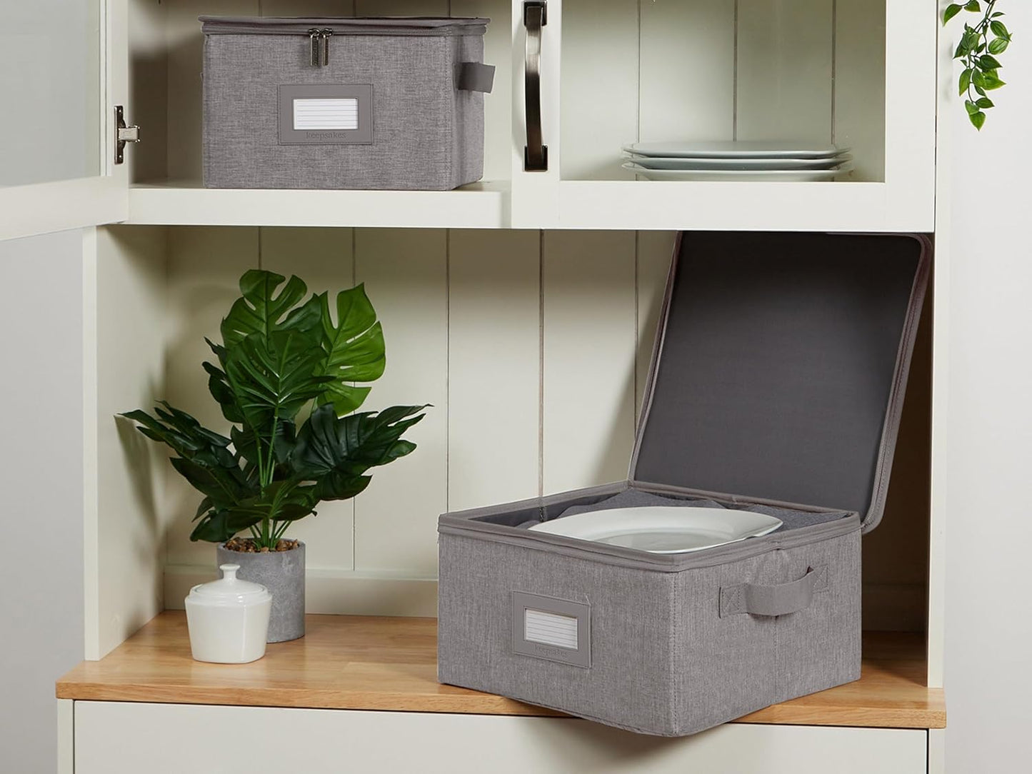 Covermates Keepsakes Dish Storage Box - Stackable, Reinforced Handles, China Storage, Grey Heather