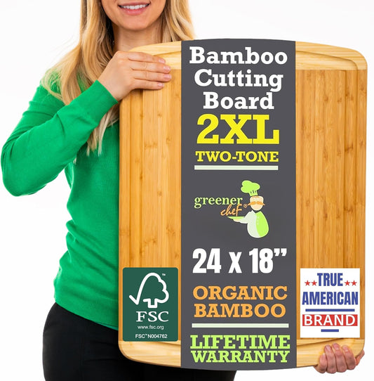 GREENER CHEF 24 Inch Bamboo Cutting Board with Lifetime Replacement - 2XL Extra Large Wooden Butcher Block for Kitchen, Stove Top, Meat, Vegetables, and Charcuterie with Deep Juice Grooves