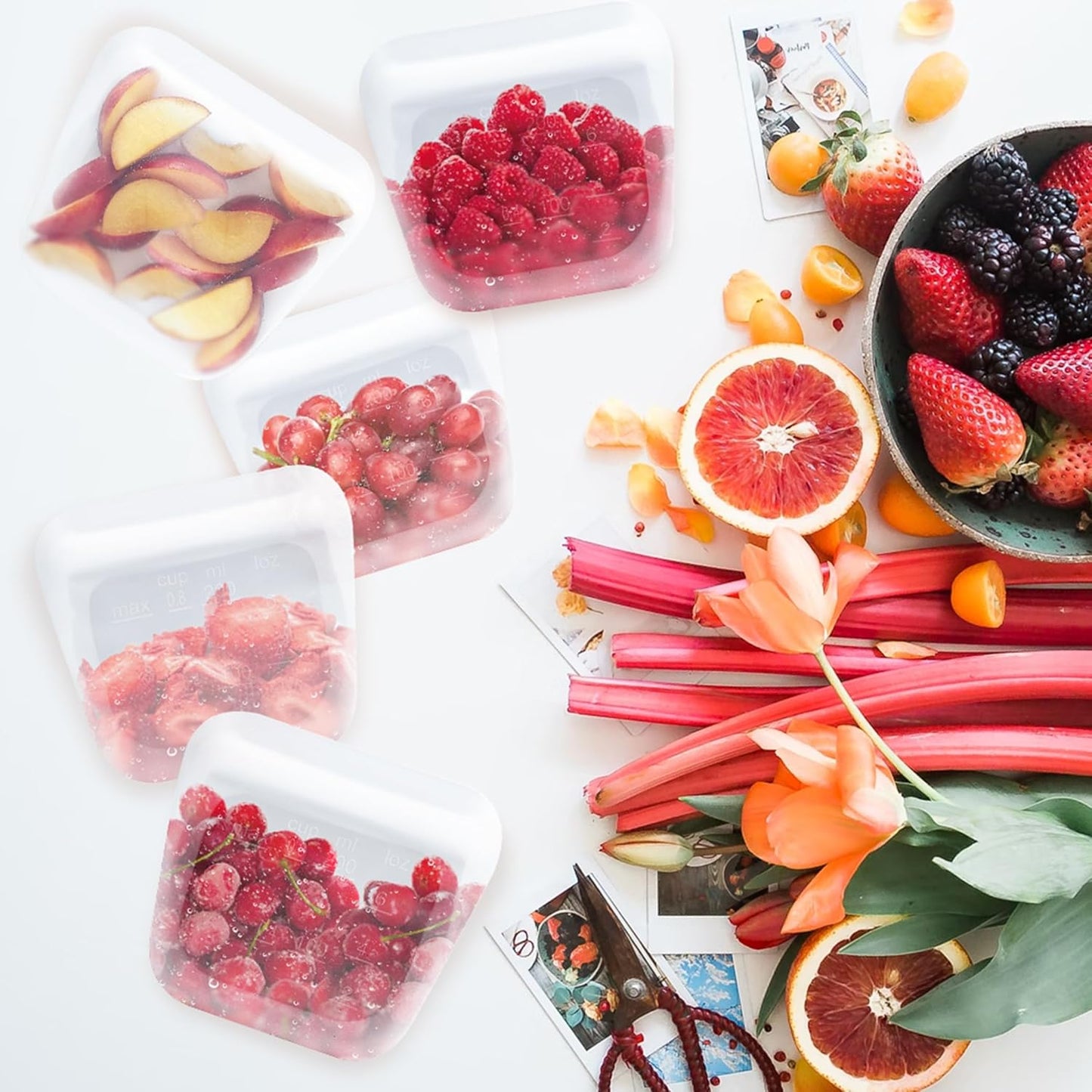 purifyou Set of 5 Reusable Silicone Storage Snack Bags 6oz / 16oz / 32oz / 64oz Self-Seal Food Storage Container for Fruits, Vegetables, Sandwiches, Dishwasher Safe & Leak-free (White, 6oz)