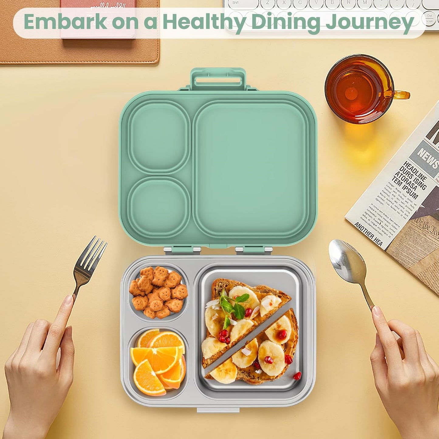 Stainless Steel Bento Lunch Box for Kids | 3-Compartment Lunch Box Container Kids | 100% Leakproof, Dishwasher-Safe, Eco-Friendly, Perfect Portion Control for Kids&Adult Healthy Meals (Green)