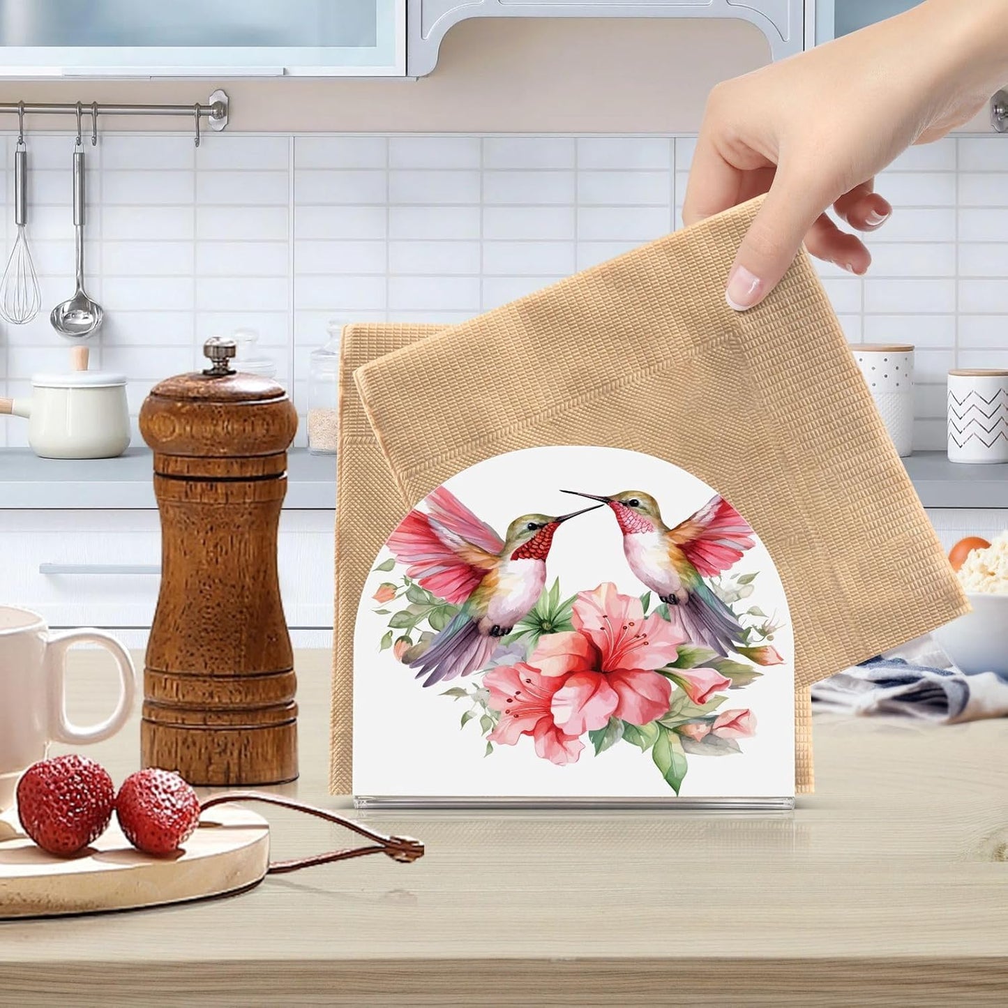 Hummingbirds Spring Floral Napkin Holder for Table Paper Napkins Holder Acrylic Tissue Dispenser Kitchen Dining Room Bathroom Party Car Decor