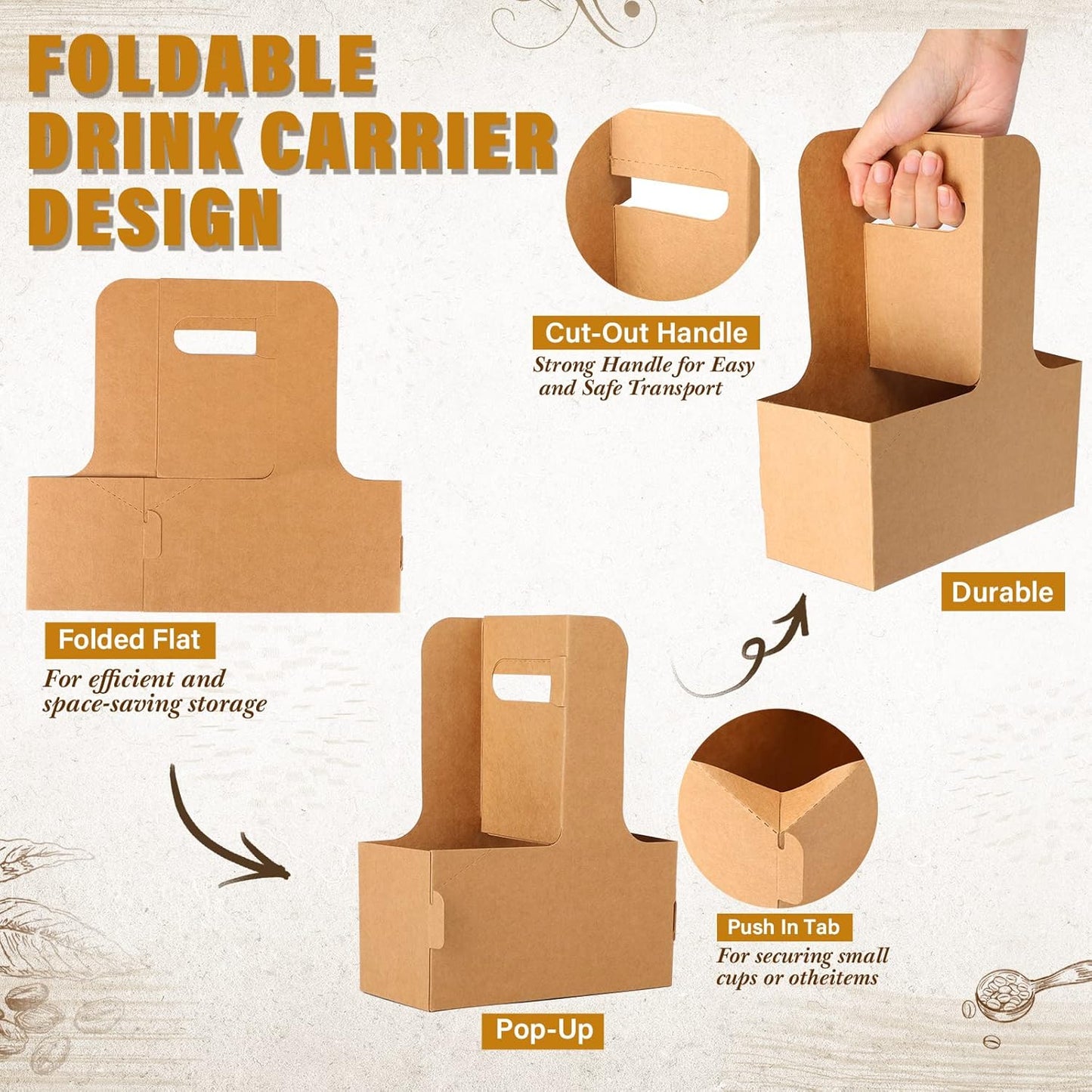 Nuogo 50 Pack 2 Cup Drink Carrier Handled Drink Carrier Holder Disposable Cup Holder Paper Cup with Handle Take Out to Go Coffee for Restaurants Food Delivery