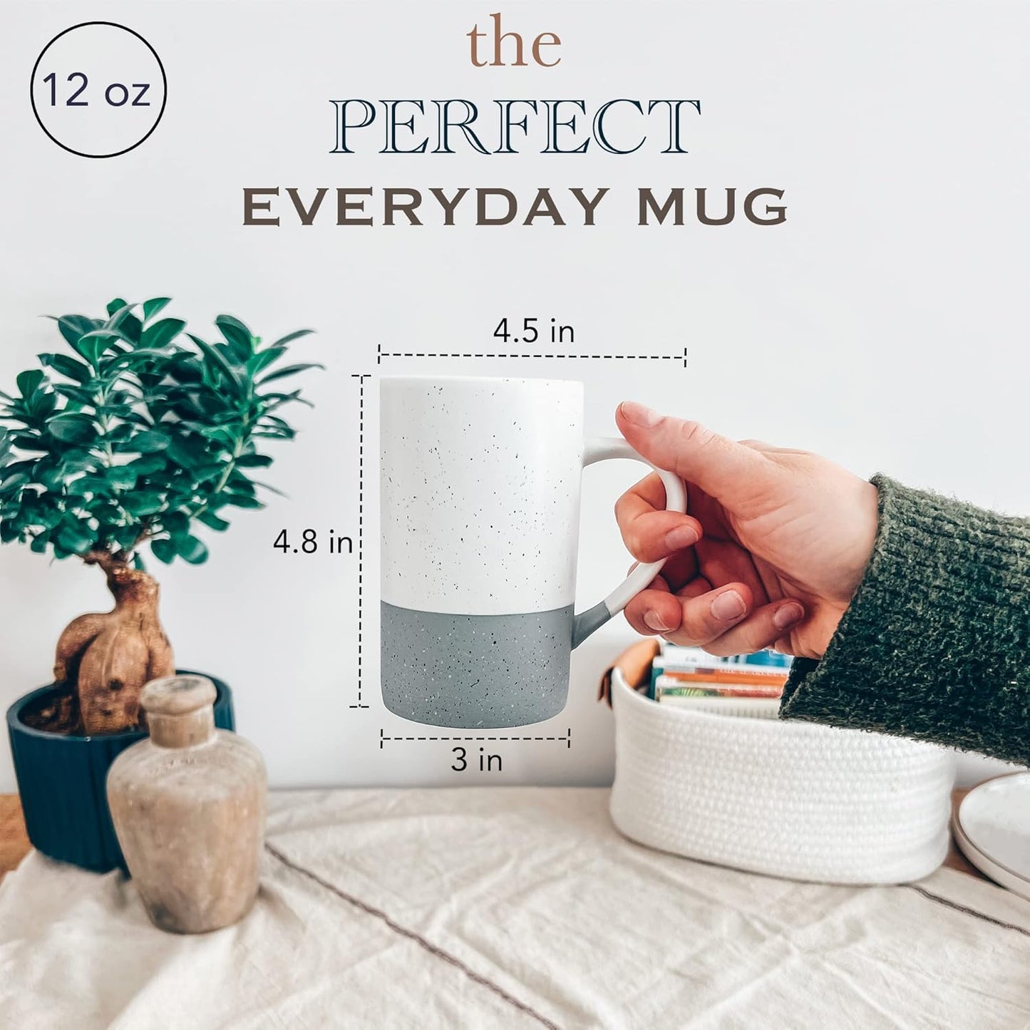 Mora Ceramics 12oz Coffee Mug Set of 4 - Ceramic Tea Cups with Handle - Microwave and Dishwasher Safe, Perfect For Cup or Mug Lovers - Rustic Matte Glaze, Modern Design Mugs - Flint