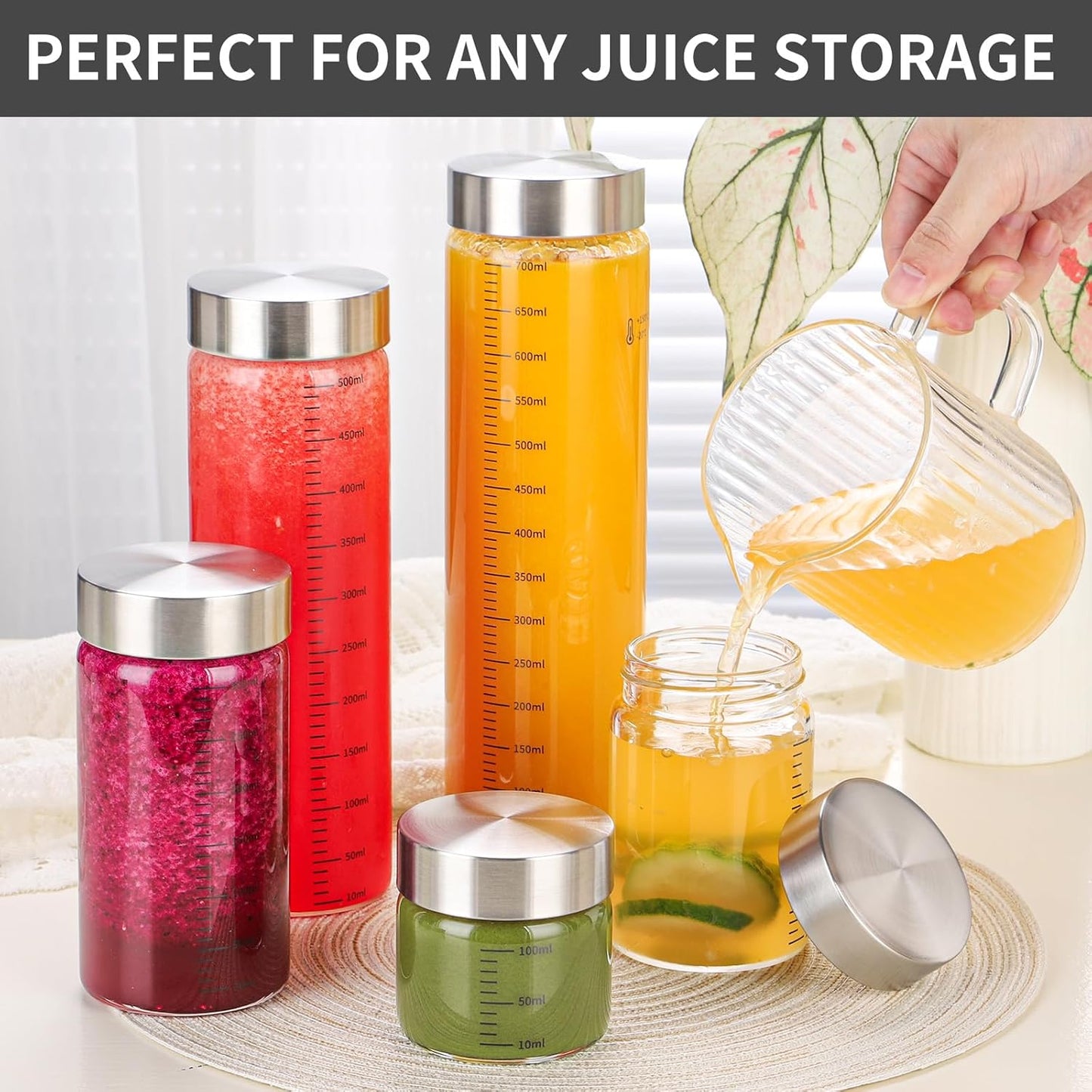 8 Oz Glass Juice Bottles, 4 Pack Glass Bottles with Lids, BPA Free, Borosilicate Glass, Leak Proof Lids for Juicing, Smoothies, Infused Water, Beverage Storage, Shaker Bottles