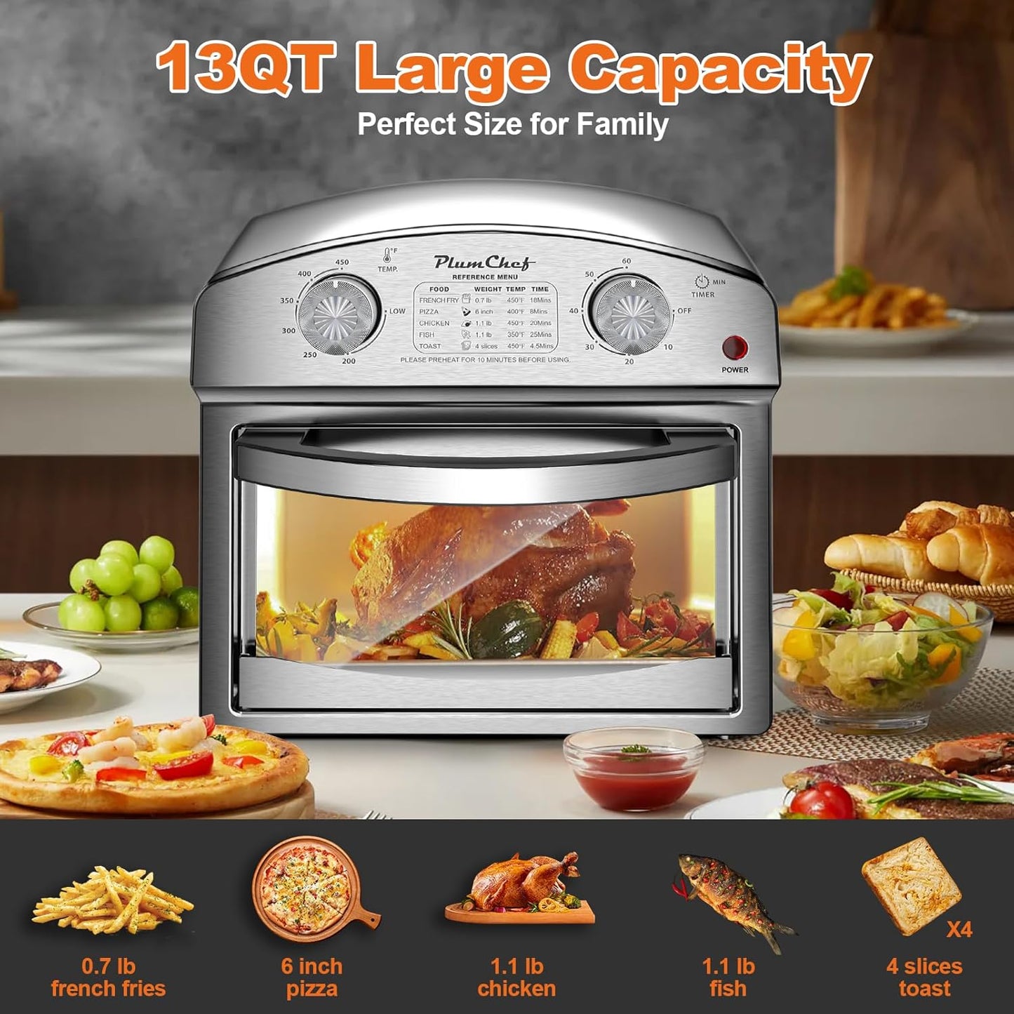 PlumChef 13 Quart 4 Slices Air Fryer Convection Toaster Oven with Reference Menu, 1500W,Multifunction with Roast, Bake, Grill, Broil, Silver