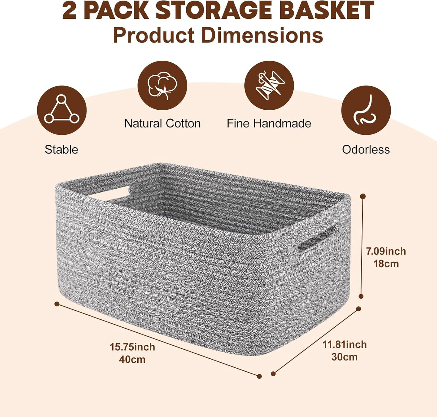 OIAHOMY Storage Basket for Shelves, Closet Cube Storage Bins Baskets for Clothes Blanket Towels, Baby Nursery, Toy Baskets Box, Woven Rope Basket, 15.75*11.81*7.09 IN, 2 Packs Grey