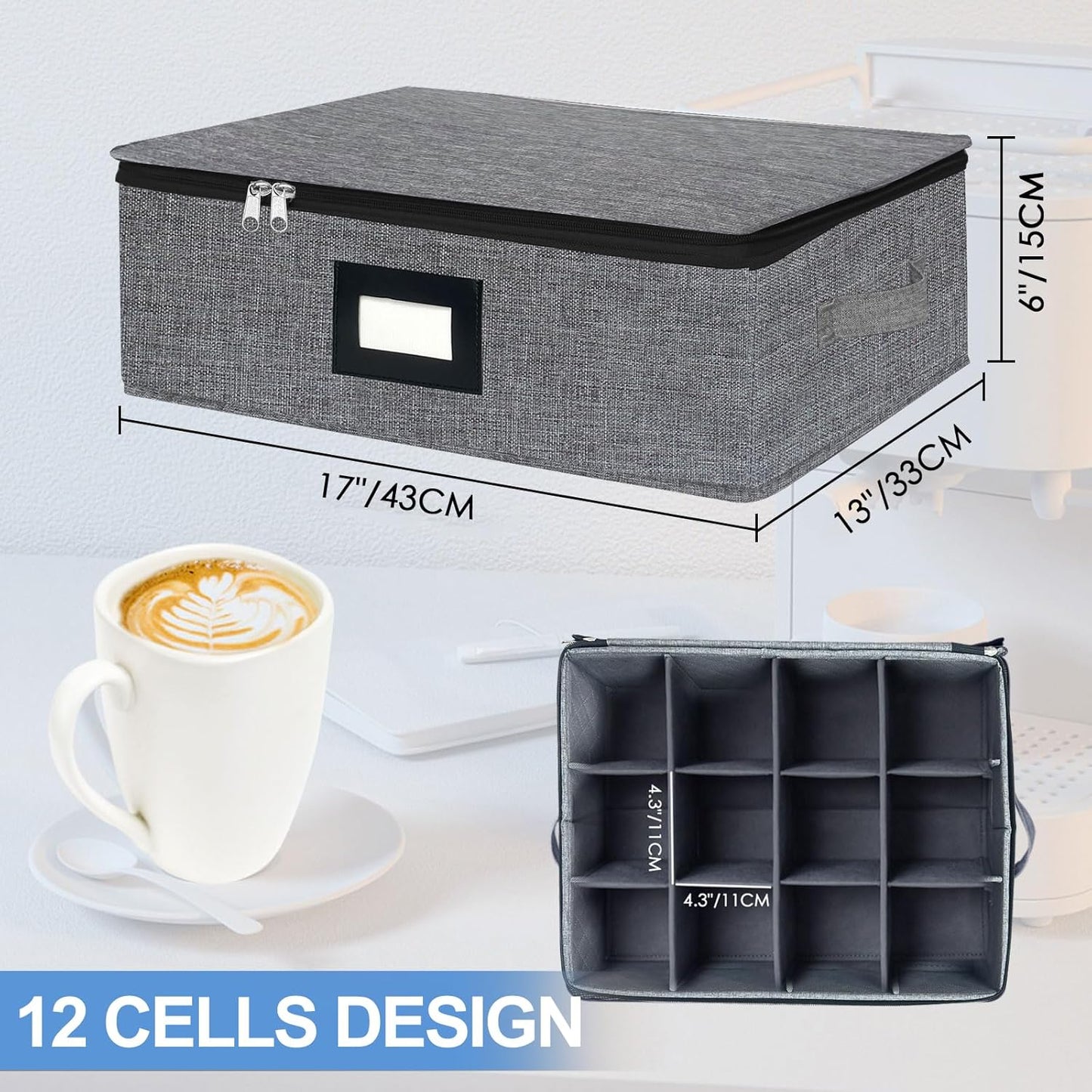 homyfort Mug Coffee Storage Box with Dividers - Stackable Glass China Storage Containers Hard Shell with Lid, Label and Handles, Holds 12 Coffee Mugs and Tea Cups (Dark Grey)