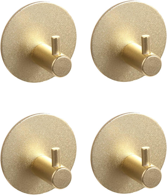 Aluminum Wall Hooks, No Drill Damage-Free Adhesive Hook, Product for Hanging Heavy Duty for Bathroom Kitchen Home (Single Round Gold Hook, 4)
