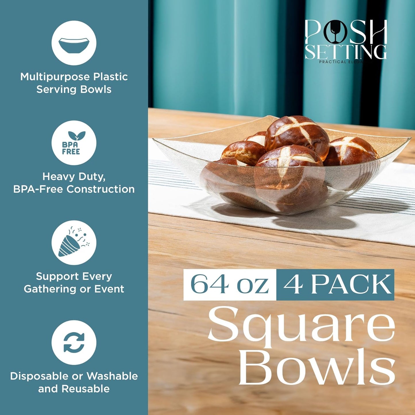 Posh Setting - Gold Glitter Plastic Serving Bowls for Party (64oz - 4 Pack) Square Bowls, Disposable Chip Bowls, Candy Bowls for Party Table, Salad Bowls for Party, Candy Containers for Candy Buffet