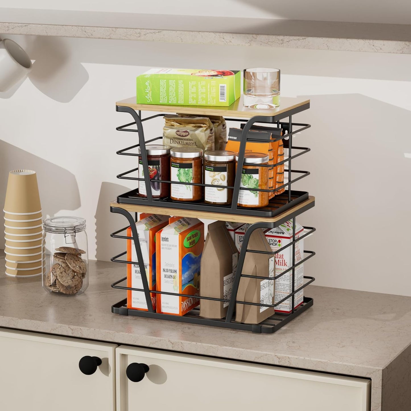 2 Pack Extra Large Pantry Storage Organizers, Pantry Baskets organization, Potato and Onion Storage Bin, Wall Mount Trash Bag Storage for 13-33 Gallon Bags with Bamboo Top, Black