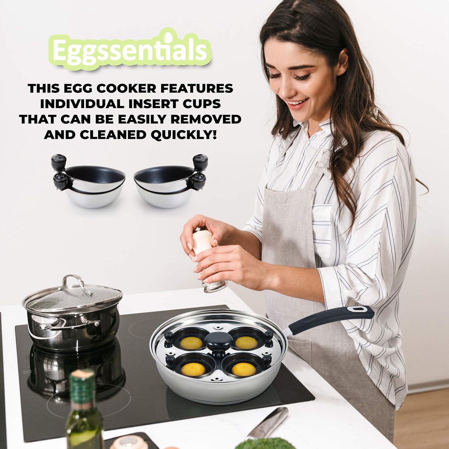 Egg Poacher - Eggssentials Poached Egg Maker, Stainless Steel Egg Poaching Pan, Poached Eggs Cooker Food Grade Safe PFOA Free with Spatula.