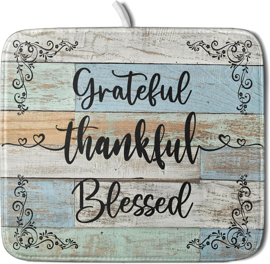 Rustic Wood Dish Drying Mat 16x18 Inch Grateful Thankful Blessed Kitchen Drainer Mats Absorbent Microfiber Rack Holder Countertop Pad