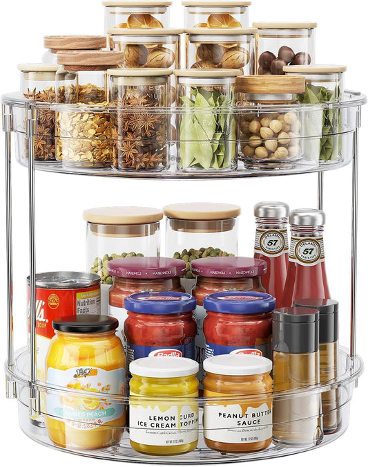 LAMU 12inch 2 Tier Lazy Susan Turntable Organizer Rotating Spice Rack Organization for Cabinet, Kitchen, Pantry, Countertop, Bathroom, Vanity, Medicine Cabinet Organizer, Clear