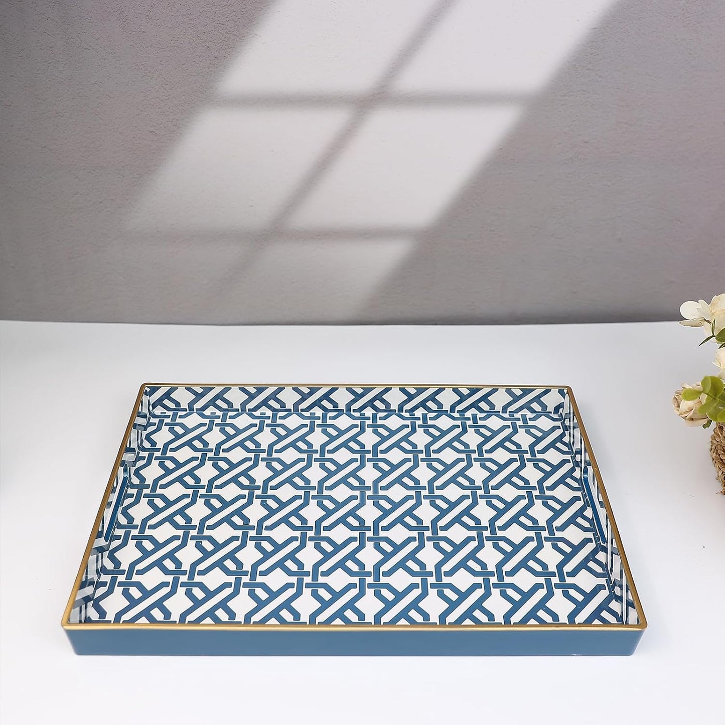 Spsyrine White Serving Tray, Plastic Marbling Tray for Coffee Table, Stylish Rectangular Decorative Tray with Handles, Ottoman Tray for Living Room, Bathroom, 15.6” X 10.2"