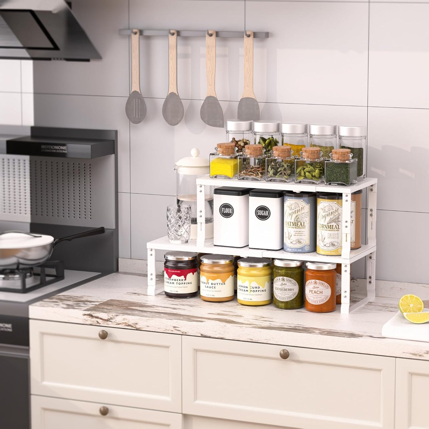 Heavy-Duty Adjustable Metal Shelf Organizer - Expandable & Stackable Pantry Storage Rack for Kitchen, Bathroom, RV, Cabinets(1 Pack/White, Large)