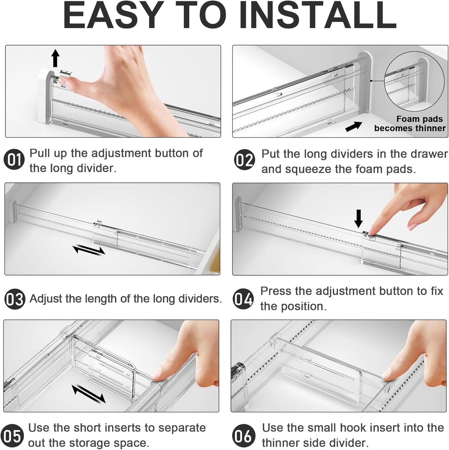 HiYZ Expandable Drawer Dividers with Inserts - Adjustable Drawer Organizers Separators for Kitchen, Bedroom, Dresser, Office, 8 Long Dividers(12.6-22.8 IN) with 16 Inserts(3.9-7.1 IN) - Clear