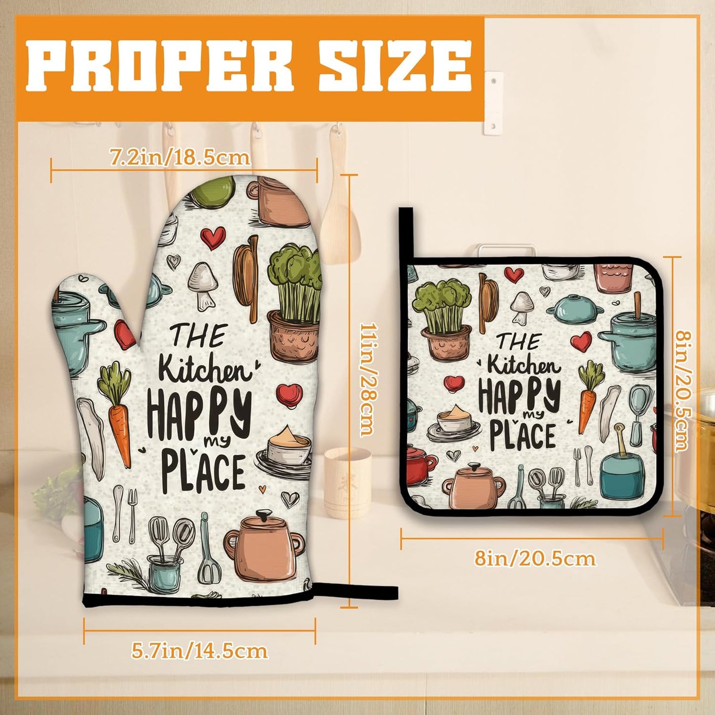 Oven Mitts and Pot Holders,The Kitchen is My Happy Place Heat Resistant Oven Mitts Gloves and Pot Holder for Home Kitchen Decorations Cooking Baking BBQ Gifts,Set of 4