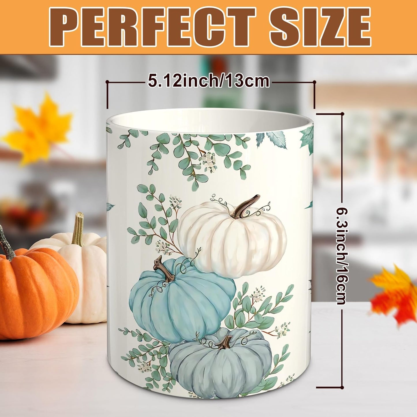 pinata Fall Kitchen Decor Ceramic Utensil Holder, Farmhouse Fall Eucalyptus Blue Pumpkin Utensils Holder, Ceramic Utensils Crock for Rustic Indoor Kitchen Decorations(6.3 Inches)
