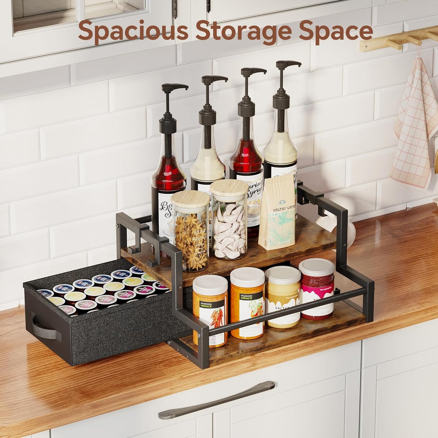 Coffee Syrup Organizer Rack, 2-Tier Coffee Bar Accessories, Bottle Holder Stand with K Cup Storage Drawer for Coffee bar, Wine Rack, Storage Shelves for Syrup. (Rustic Brown)