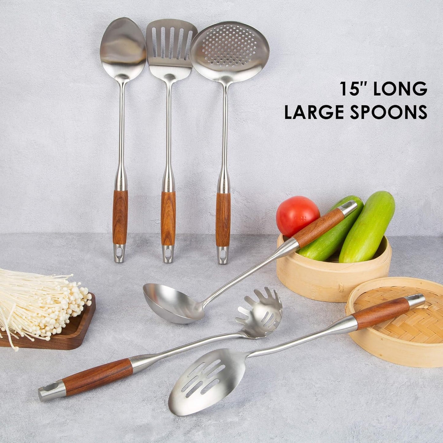 18/10 Stainless Steel Kitchen Utensils Set with Wood Handle - 15” Long Metal Cooking Tools - Serving Solid/Slotted Spoon, Tunner, Skimmer, Soup Ladle, Spaghetti Spoon, Large Spoons Set of 6