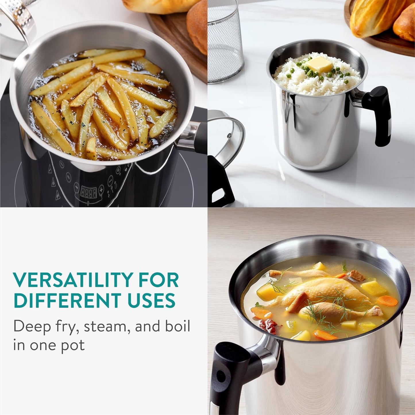 Navaris Stainless Steel Multifunctional Spaghetti Cooker & Steam Pot - 3.4L Capacity - Includes Lid & Basket - Silver