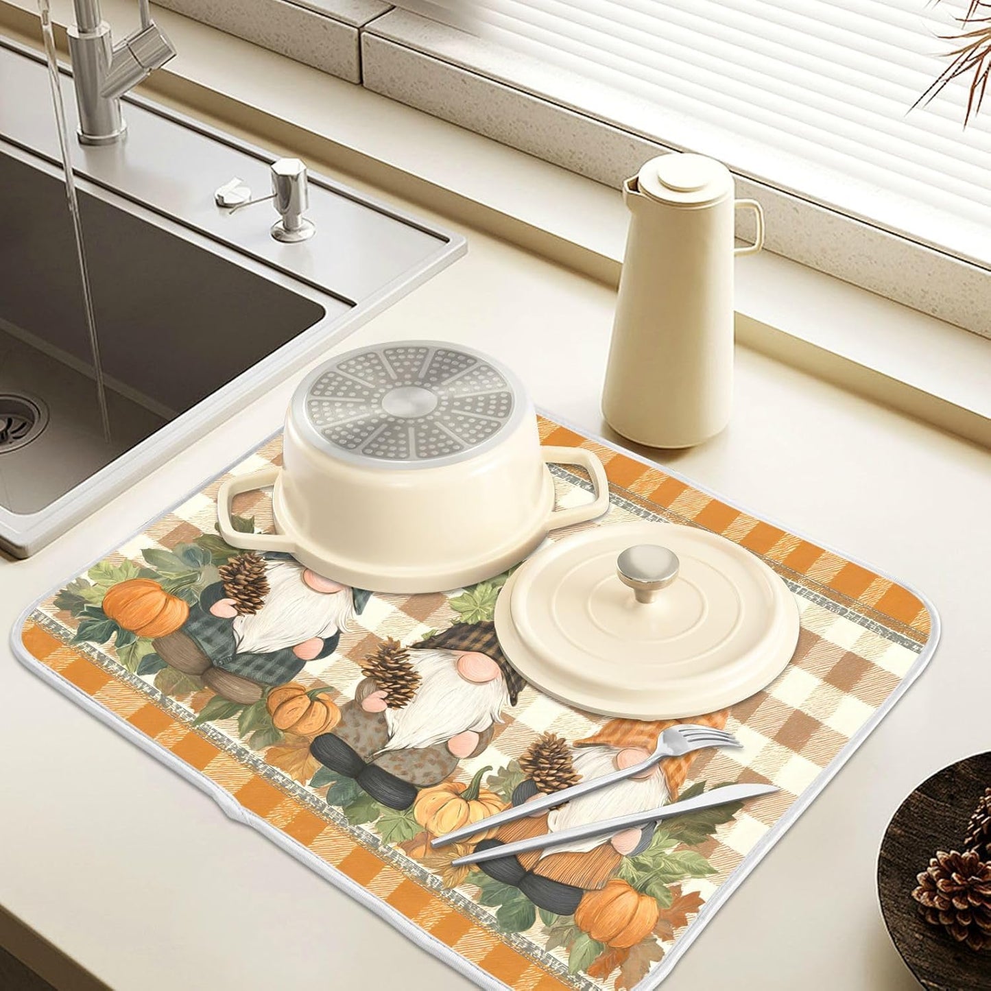 Fall Pumpkin Gnomes Maple Leaves Autumn2 Dish Drying Mat for Kitchen Counter Absorbent Microfiber Large Drying Pad Dish mats for Kitchen Countertops 18 x 24 Inch