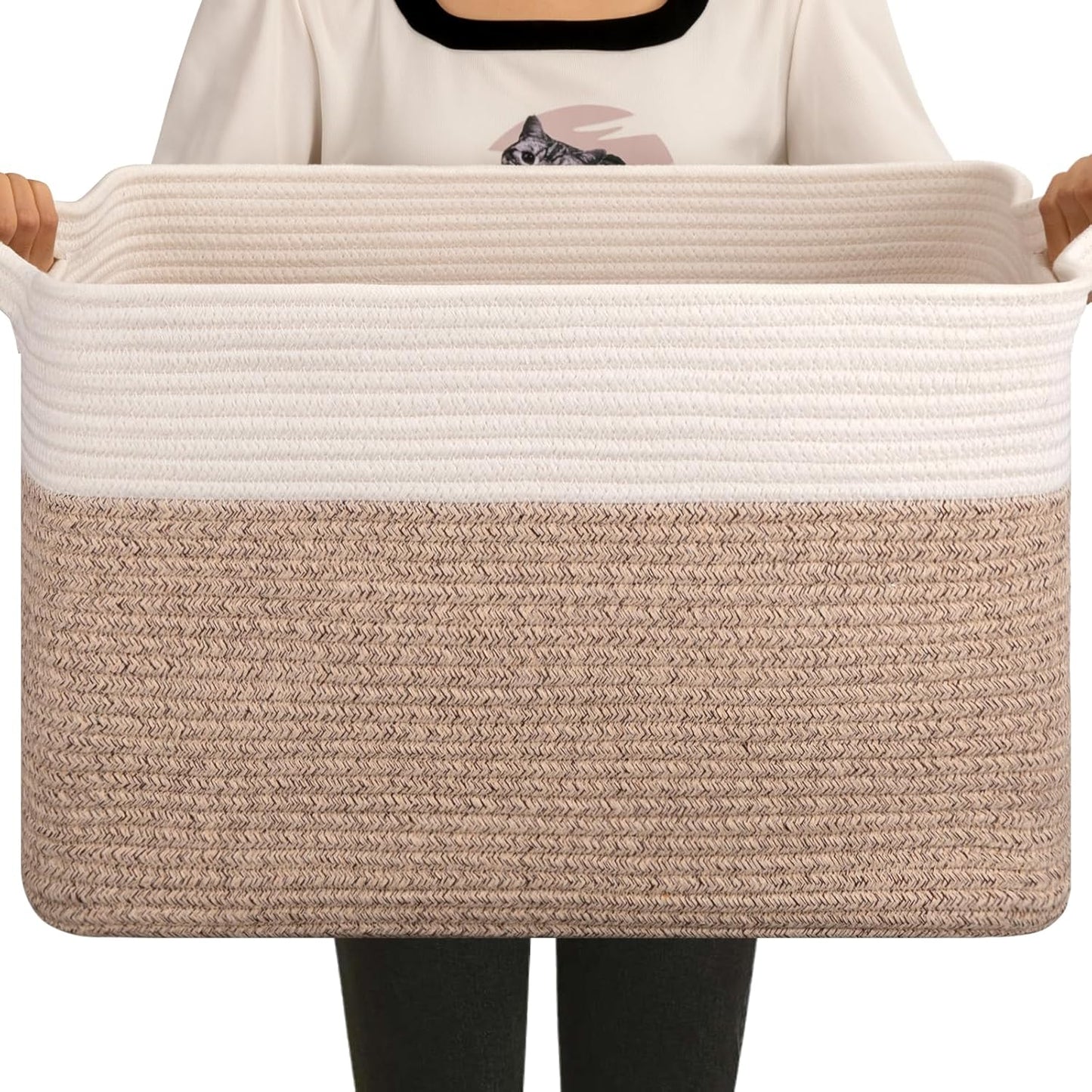 OIAHOMY 65L Blanket Basket, Cotton Rope Woven Blanket storage for Living Room, Rectangle Woven Baskets for Storage, 20''×16''×12'', Brown and White