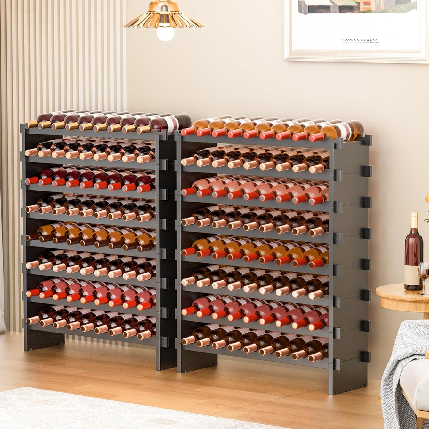 VASMIA Bamboo Stackable Wine Rack,72 Bottles Wine Rack Freestanding Floor,No Tools Assembly,8-Tier Display Wine Storage Shelf for Kitchen, Bar, Dining Room,Cellar,Black