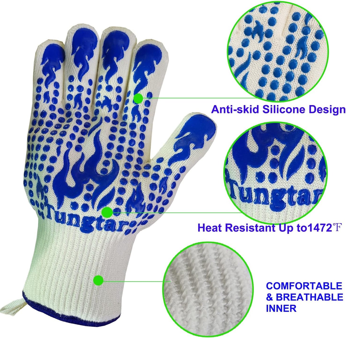 Oven Mitts Heat Resistant BBQ Proof Glove 11Inch 1472℉ Grill Glove Proof Heat for Women Men BBQ Gloves Gift Set Cooking Gloves for Cooking, Grilling, Baking, Welding (White Blue)