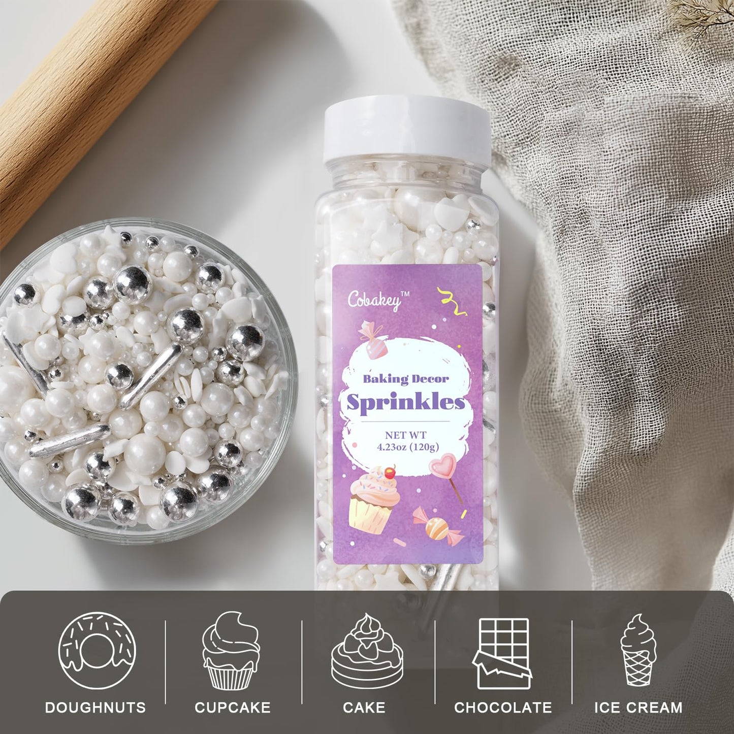 White Wedding Sprinkles for Cake Decorating 4.23ounce - Sugar Mix Contains White & Silver Pearl Sprinkles for Cupcake Toppers, Ice Cream, Candy, Cookie Decorations - Wedding Party Supplies