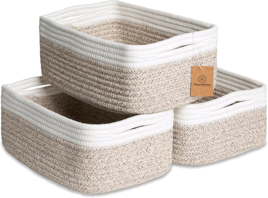 NaturalCozy 11.8"x8"x4.5” Storage Baskets for Shelves 3 Pack | Cotton Rope Woven Small Baskets for Organizing | Small Storage Bins for Nursery, Bathroom, Closet, Cube Shelf, Decorative, Gift Basket