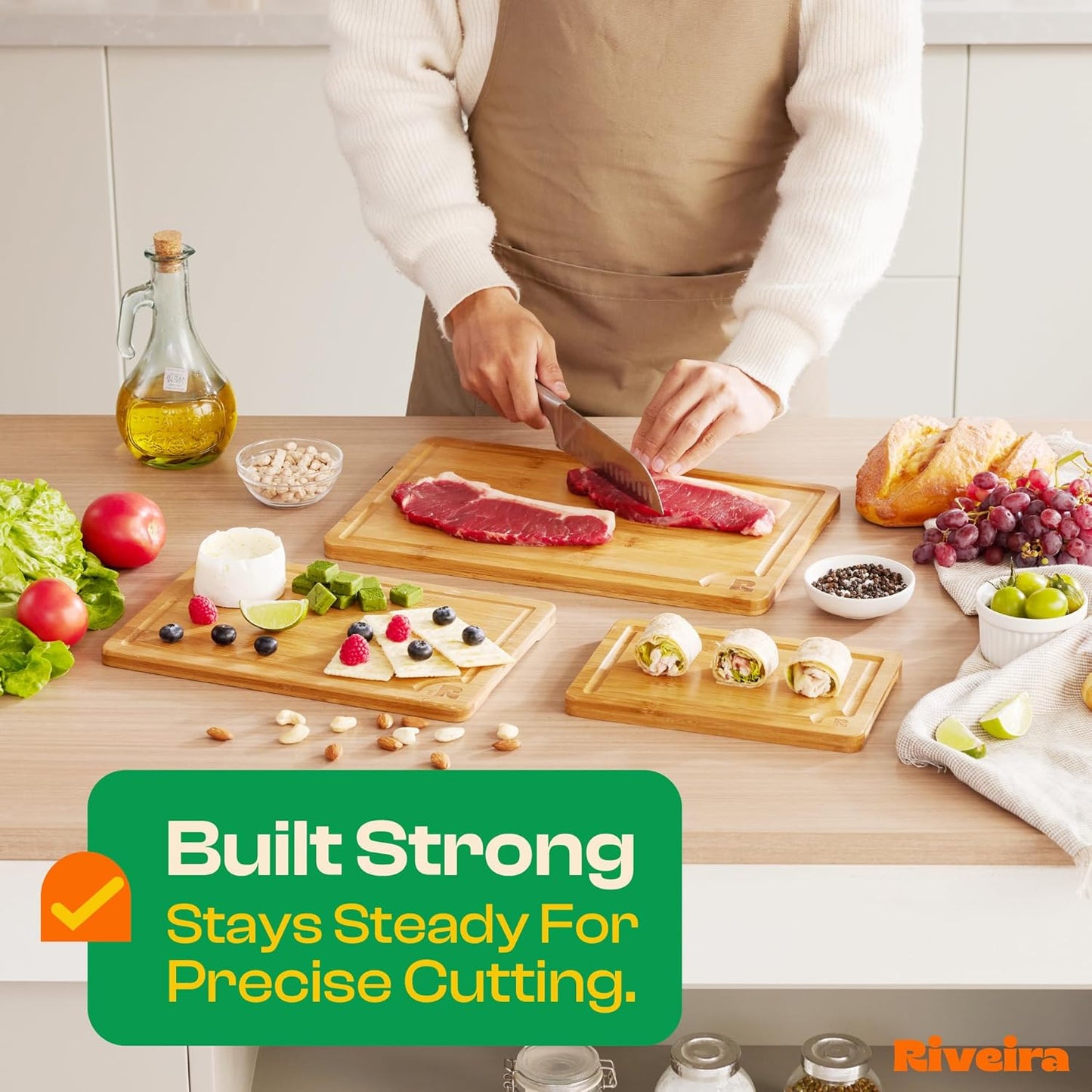 Riveira Brown Bamboo Wood Cutting Board – Versatile And Durable: Set Of 3 Pcs Rectangular Wooden Cutting Board – Natural Wooden Cutting Boards For Kitchen Set – Complete Bamboo Wooden Chopping Board