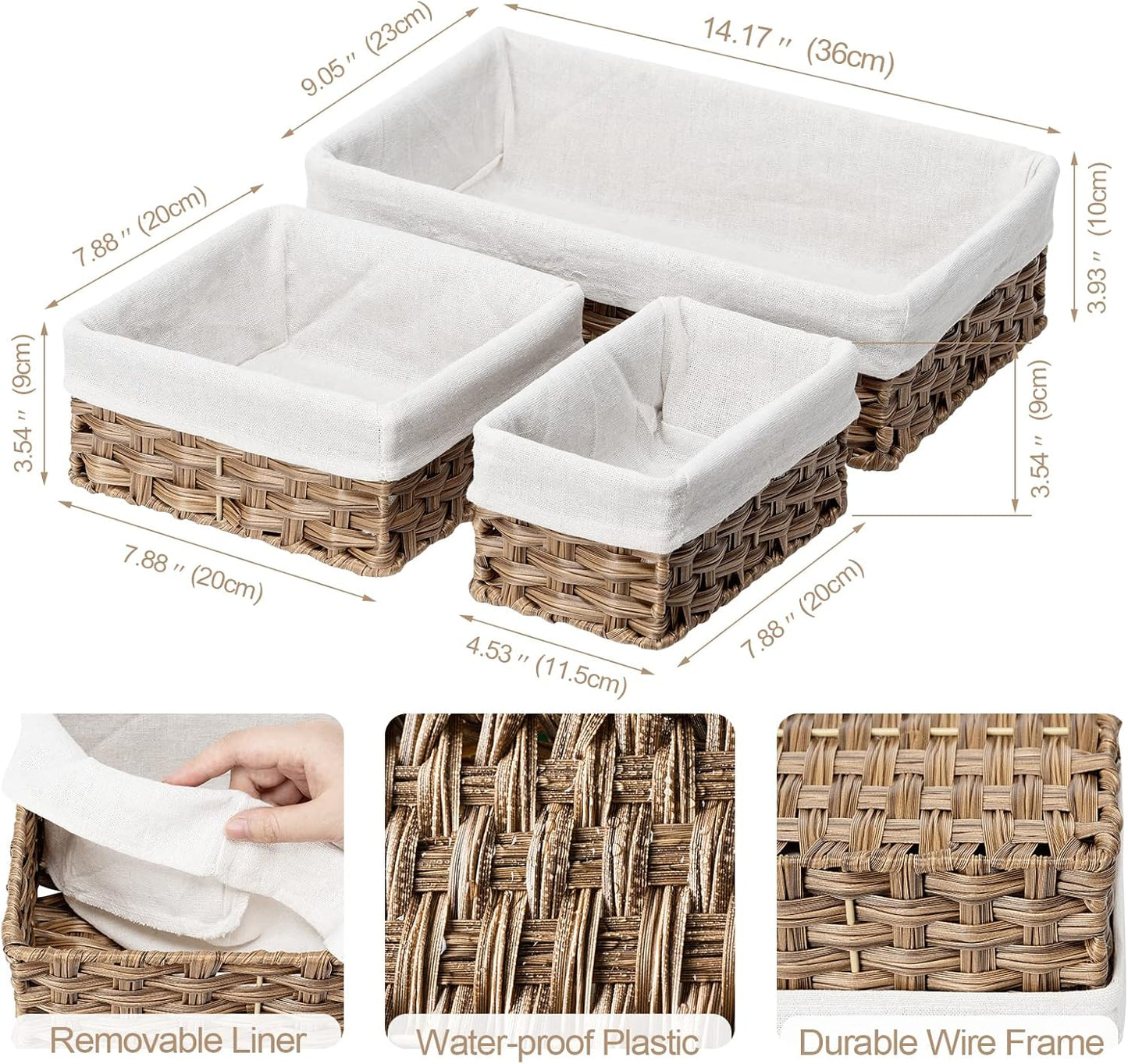 FairyHaus Wicker Baskets for Organizing, Waterproof Rectangle Small Storage Basket for Shelves, Nesting Lined Set of 3, Rustic Brown