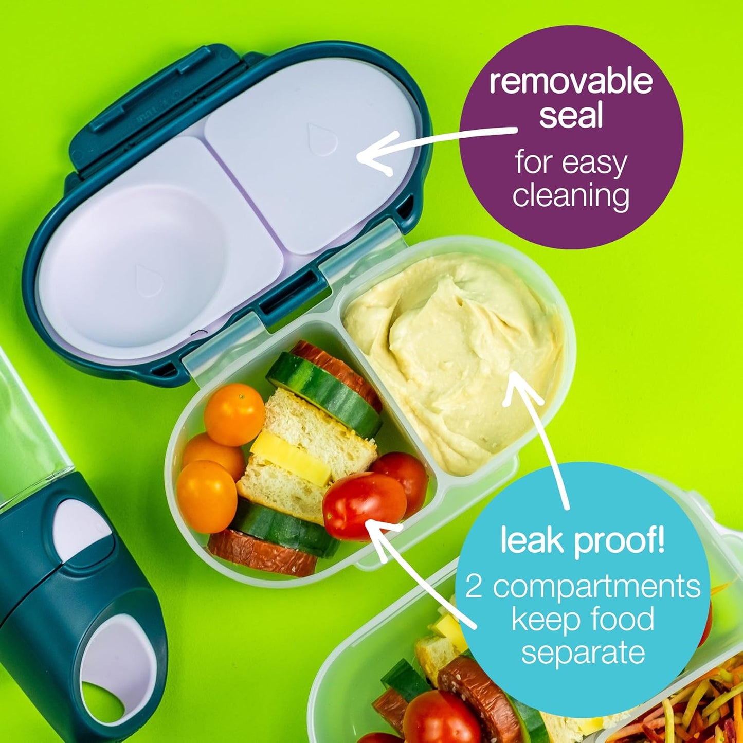 b.box Snack Box Reusable Snack Containers with Lids 2 compartments, Bento Box for kids and toddlers, Leakproof Lunch Box, BPA free and Dishwasher Safe Snack Container (Ocean Breeze, 1 3/4 Cup)