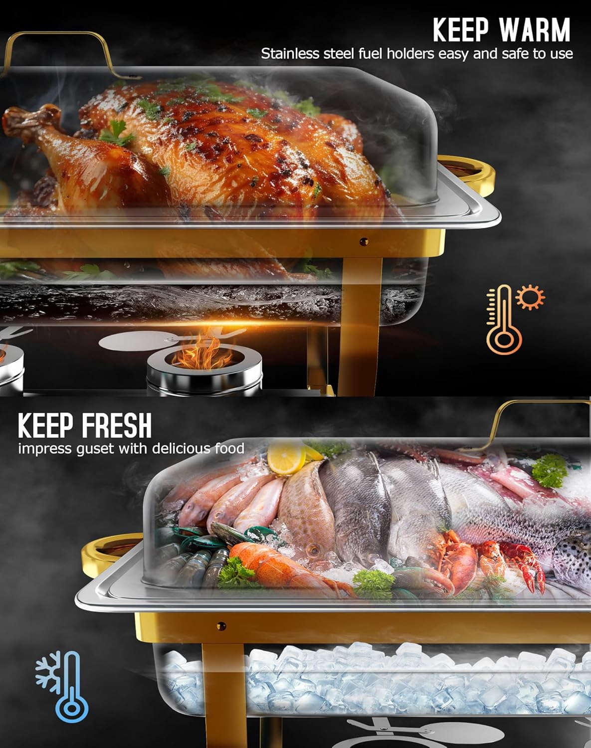 Chafing Dishes for Buffet 2 Pack, [Elegant Gold and Silver] Stainless Steel Chafing Dish Buffet Set, 9QT No-Finger Cut Roll Edge Chafers and Buffet Warmers Sets for Party (Gold Full Panx2)