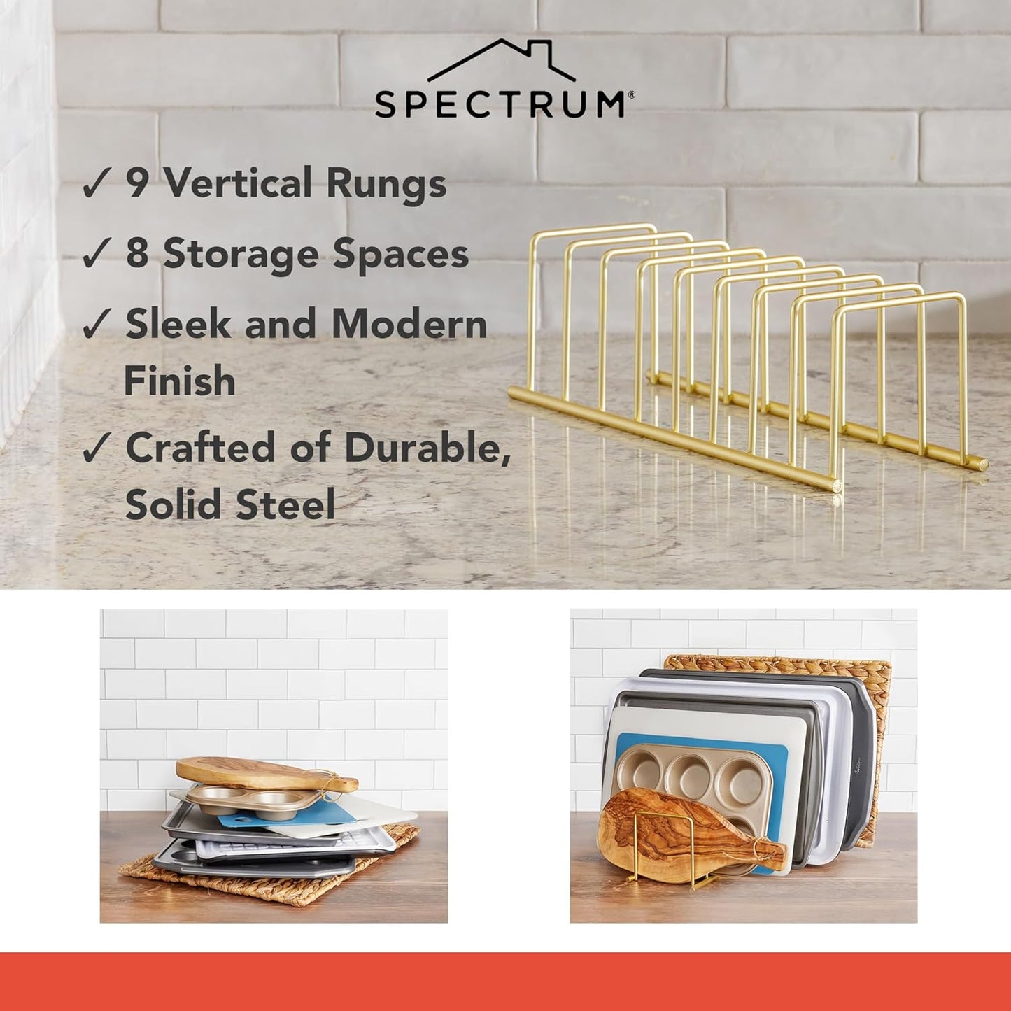 Spectrum Euro Cutting Board Holder Stand for Countertop or Inside Kitchen Cabinet Organization Gold, 8 Slot Cutting Board Drying Rack or Cabinet Plate Bakeware Storage Organizer