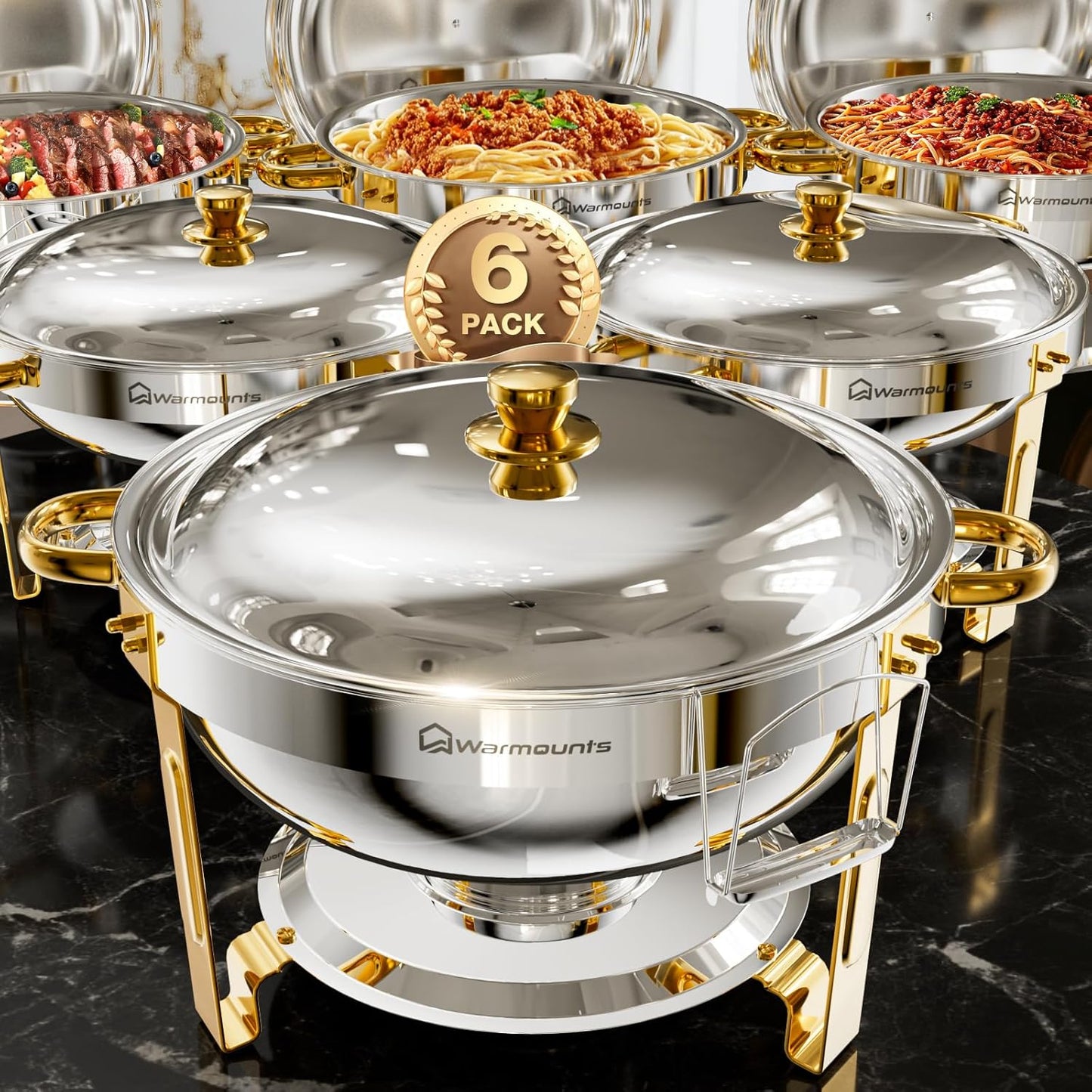 Gold Chafing Dishes for Buffet (5QT, 6 Pack), Round Chafers and Buffet Warmers Sets, Food Grade Stainless Steel Chafing Dish Set, Rolled Edge Design, for Catering Events, Parties, Weddings