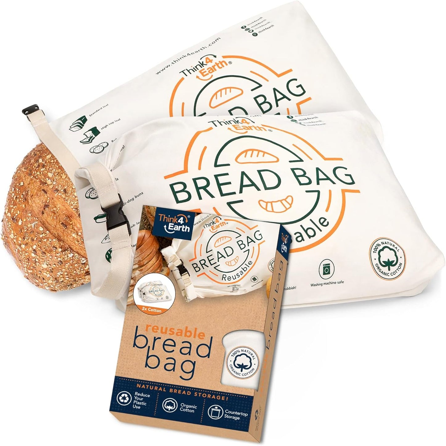 Think4Earth® - Reusable Organic Cotton Bread Bag for Homemade Loaves Large | Premium Quality Storage Bags - Unique Cotton Bags for Sourdough, Safe and Eco-Friendly (2 Units)