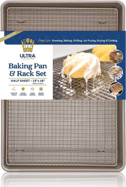 Ultra Cuisine Wire Rack Baking Sheet Pan Set - Half Sheet Pan Set with 100% Stainless Wire Rack - Dishwasher Safe - Steel Reinforced Rim - Aluminum Cooling racks for Cooking and Baking - Champagne