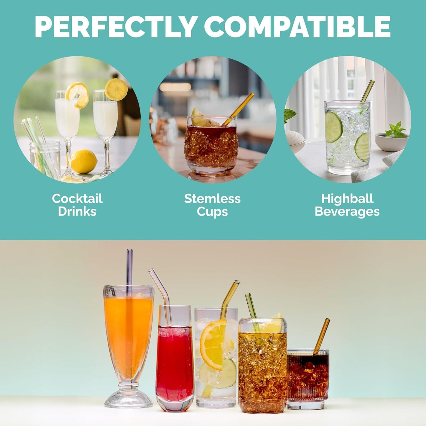 Simply Straws 6 Inch Skinny Glass Straws (6-Pack) - Reusable Cocktail Straws for Mixed Drinks, Low Balls, Coffee & Tea, with Cleaning Brush – Dishwasher Safe, Hot & Cold Use, BPA-Free (Palm)