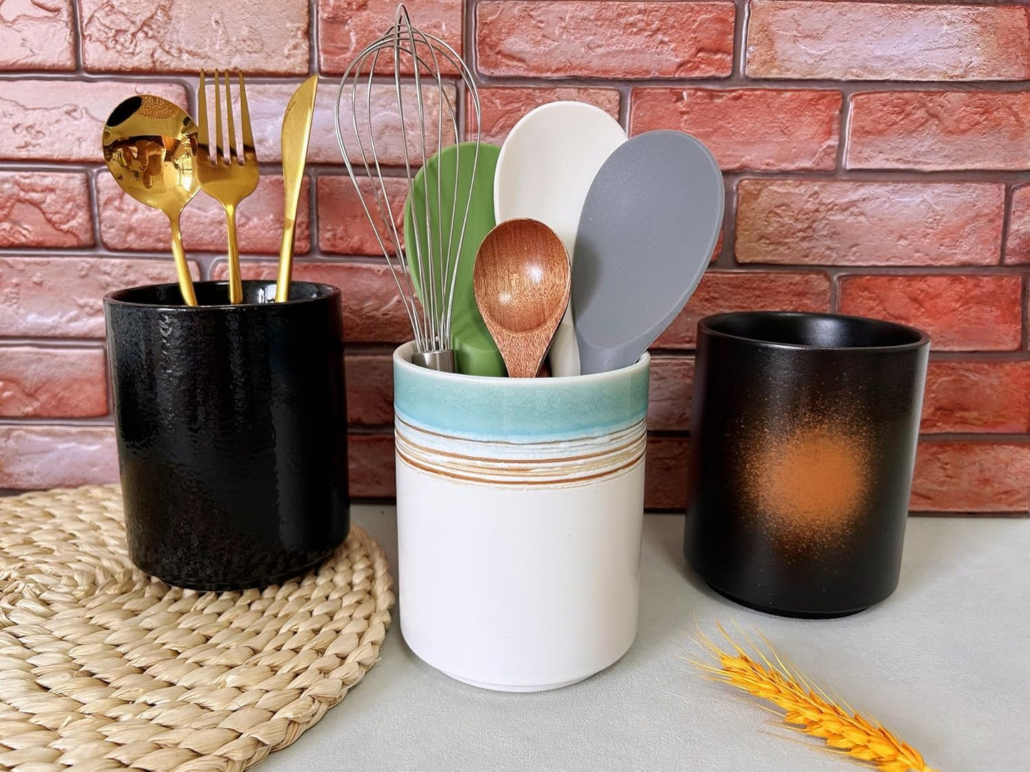 Medium Stoneware Kitchen Utensil Holder for Kitchen Counter Short Cooking Utensil Holder for Countertop Spatula Holder Small Utensil Crock Cutlery Holder Silverware Caddy Flower Vase (Green Field)