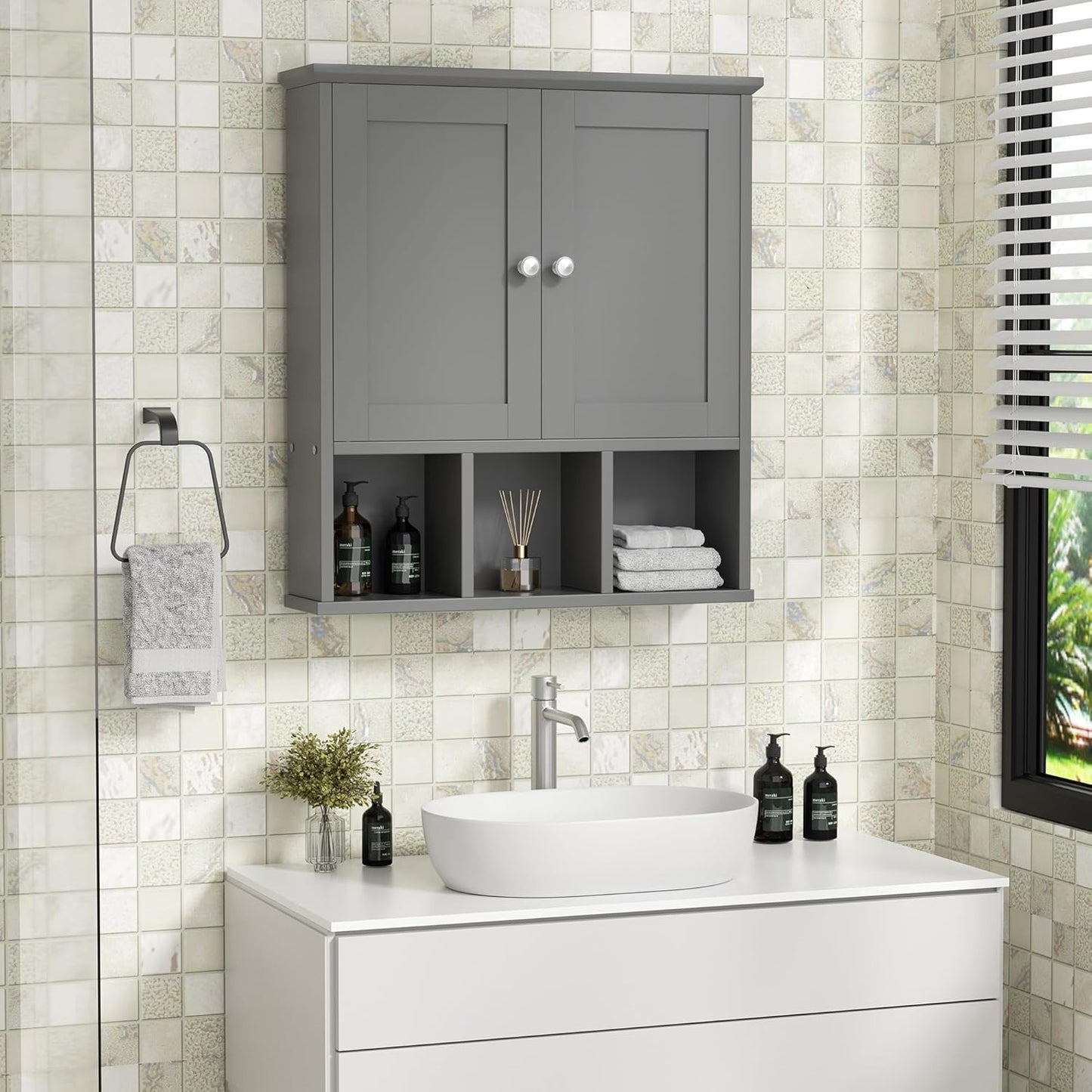 Shintenchi Bathroom Wall Cabinet with Door, Storage Organizer Over The Toilet Medicine, Space Saving with Adjustable & Open Shelf, Gray