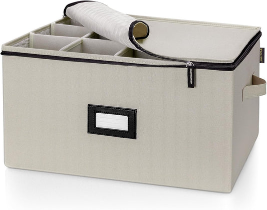 BALEINE China Storage Containers, Sturdy Quilted Wine Glass Storage, Plate Organizer with Carry Handles, Moving Boxes for Dishes, Cups, Mugs and Stemware (Wine Glass, Hard Shell Cream)