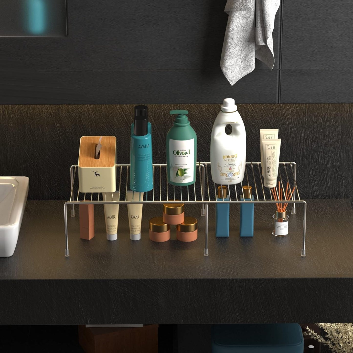 Redrubbit Cabinet Storage Shelf Rack, Expandable Metal Rustproof Kitchen Counter and Cabinet Shelf, Storage Rack Organizer Space Saver for Kitchen, Fridge, Cabinet, Bathroom, Chrome, Set of 4